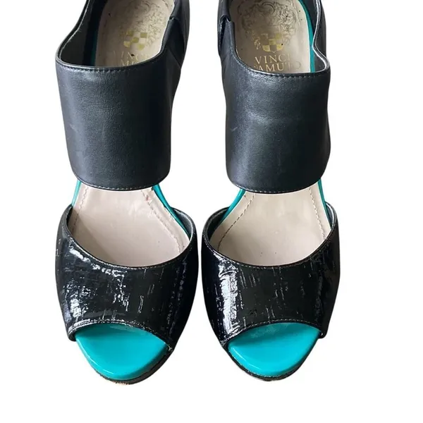 VINCE CAMUTO Leather Sandal Womens Sz 8.5 Black Platform Peep Toe - Image 3