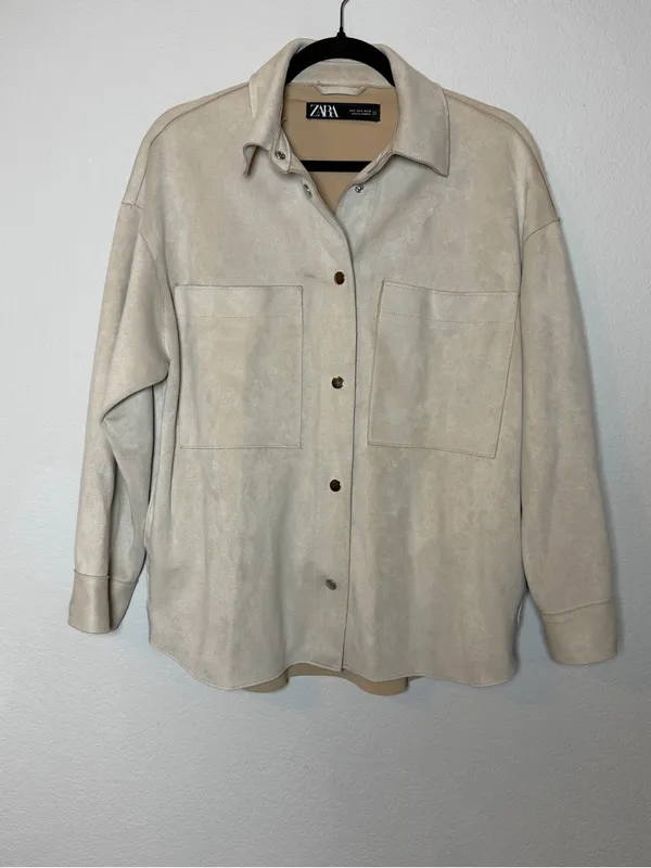 Zara Faux Suede Shacket Womens Small Beige Oversized Snap Front Shirt Jacket - Image 5