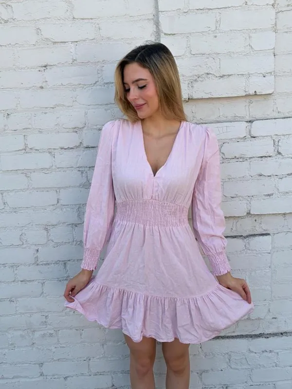 Zara Pink linen mini long sleeve ruffled dress sz XS #boho #girly #babydoll #cottagecore - Image 2