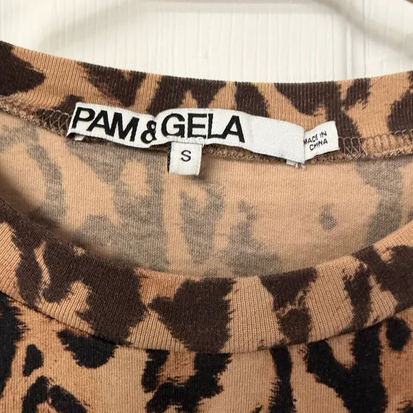 Pam & Gela Womens Leopard Print Short Sleeve Cotton T-Shirt Brown Black Small - Image 2