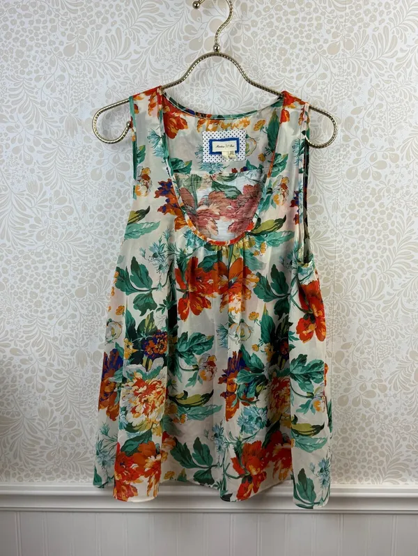Meadow Rue for Anthropologie White Floral Cotton Split Back Tank - Size - Large - Image 6