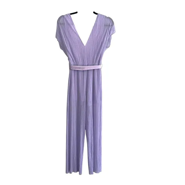Alice + Olivia Mitsue Plissé Jumpsuit 2 Lilac Pleated Wide Leg Belted - Image 8
