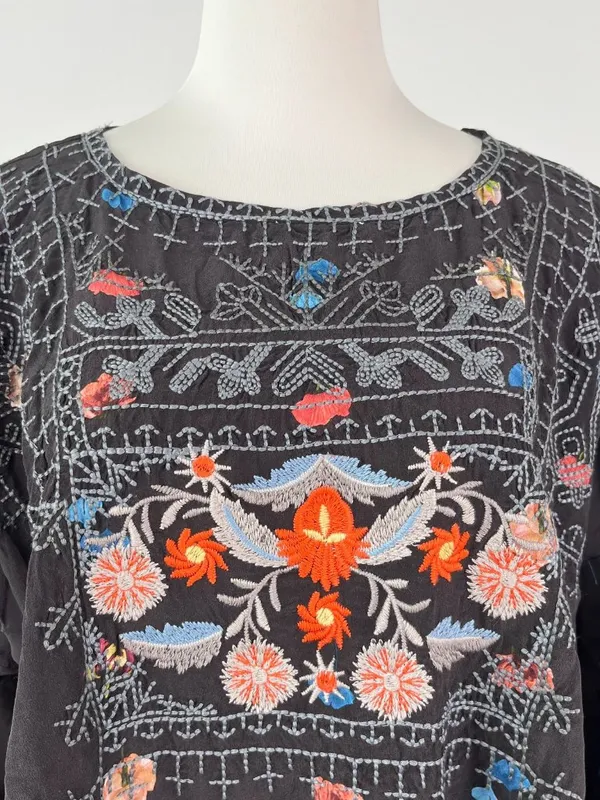 NWOT Johnny Was Biya Silk Embroidered Floral Boho Shirt Blouse Black Sz L - Image 3