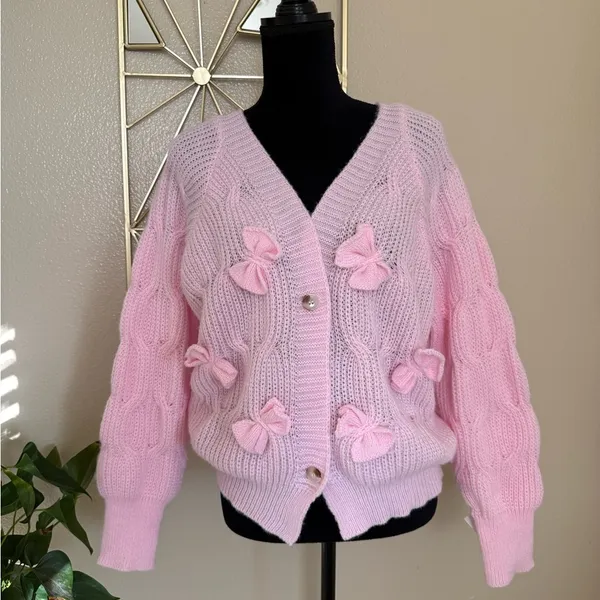 Pink Bow Knit Cardigan Sweater Coquette Cottagecore Oversized XL - Image 2