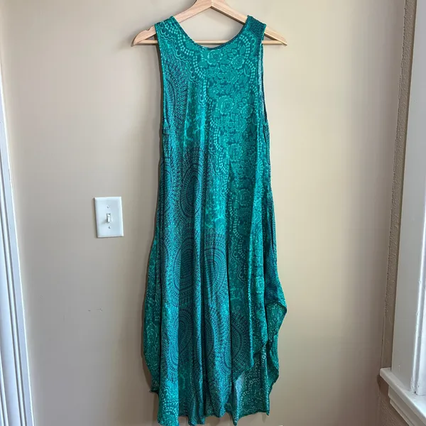 Vintage boho sleeveless turquoise flowy midi dress women's size M full skirt - Image 4
