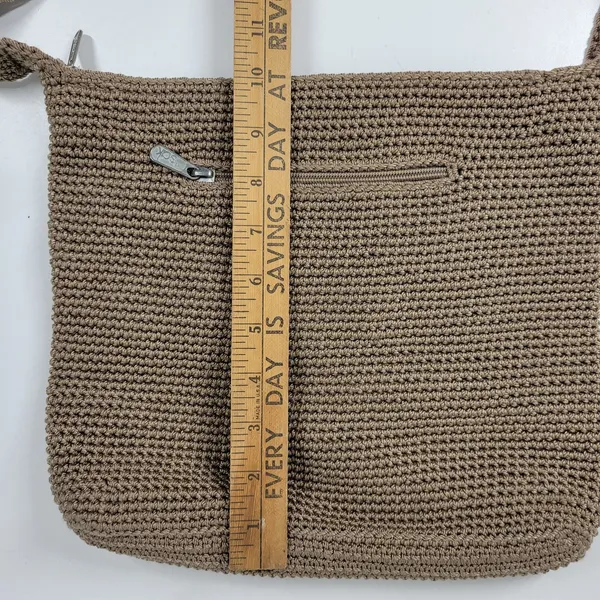 Vintage Sak Crochet Shoulder Bag 10" Dark Tan Nylon Ladies Handbag Pockets - Image 8