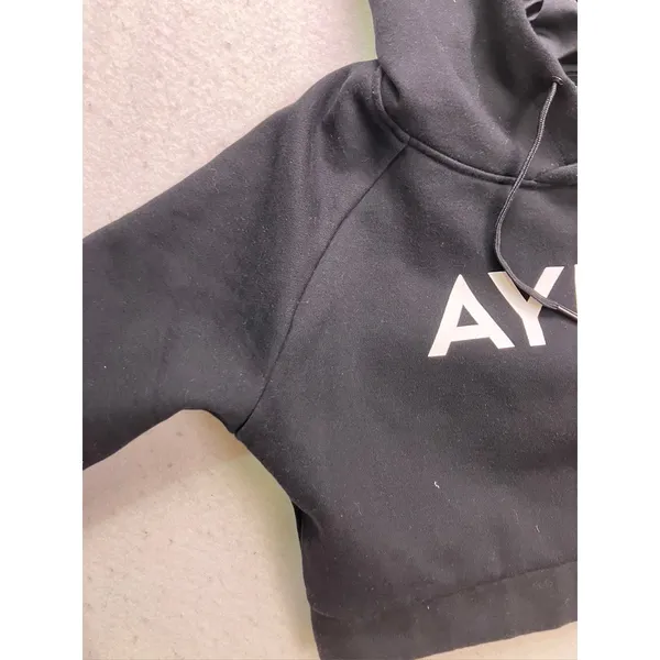 AYBL Crop Hoodie Womens Medium Black Raglan Sleeve‎ Logo Pullover - Image 8