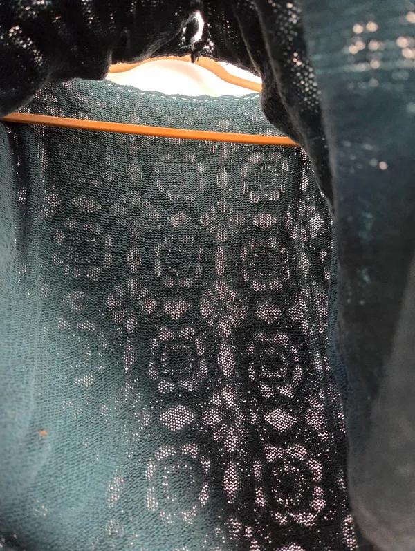 Noile Silk Exchange Blend Teal Green Floral Crochet Sweater Grannycore Cottage - Image 5