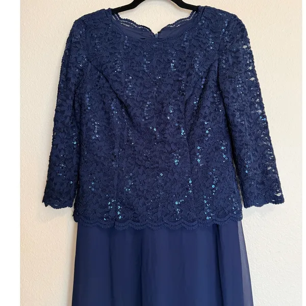Alex Evenings Navy Blue Lace Sequin 3/4 Sleeve Maxi Dress Sz 6 Mother of Bride‎ - Image 4
