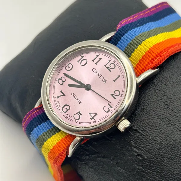Geneva Silver Multicolored Cloth Band Women’s Watch Working New Battery - Image 2