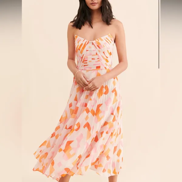 AMUR Strapless Midi Dress in Pink, Orange, White Geometric Print - Image 2