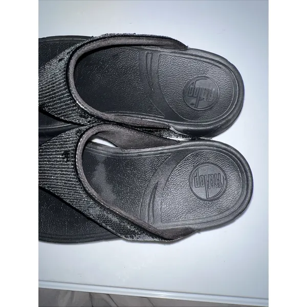 FitFlop Women 9 Black LULU Sandal Sequin Sparkle Toe-Post Wedge‎ Thong Comfort - Image 8