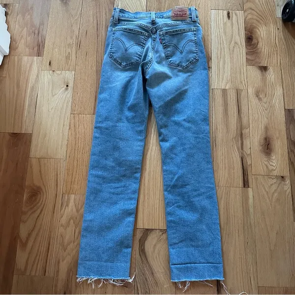 Levi’s Wedgie Straight High Rise Blue Jeans with Frayed Hem - Image 2