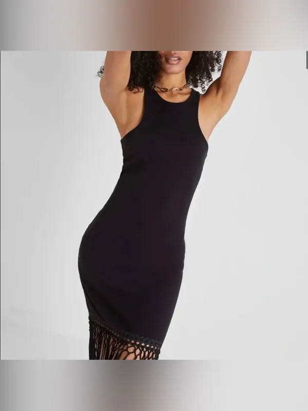 NWOT French Connection Black Ribbed Fringe Hem Midi Dress Size L Boho Swing - Image 2