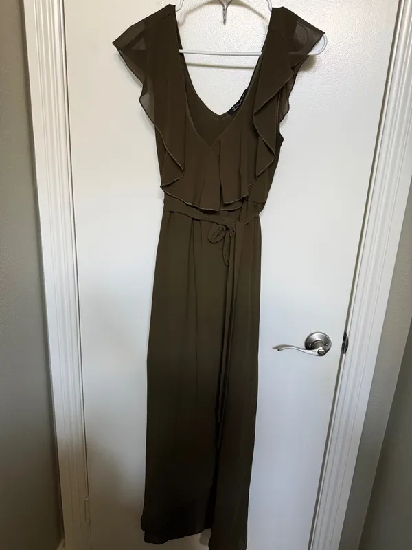 Simple Olive Green Maxi Dress with Tie Waist - Image 4