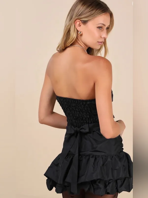 Zemeta Black Rose Strapless Ruched Rosette Bubble Mini Dress XS 3D - Image 4