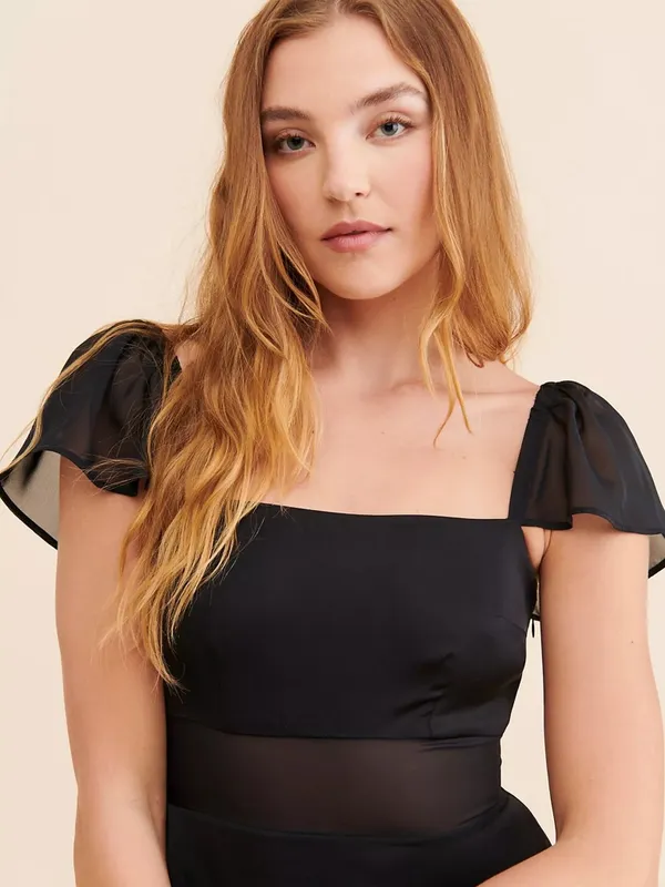 Anthropologie Sheer Flutter Sleeve Dress Silky Satin Black Women’s Size 16 - Image 3