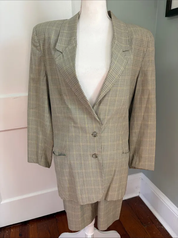 Vintage 1990s Ann Taylor Plaid Skirt Suit Set Yellow Blue Size 8 / 10 Cotton - Image 3