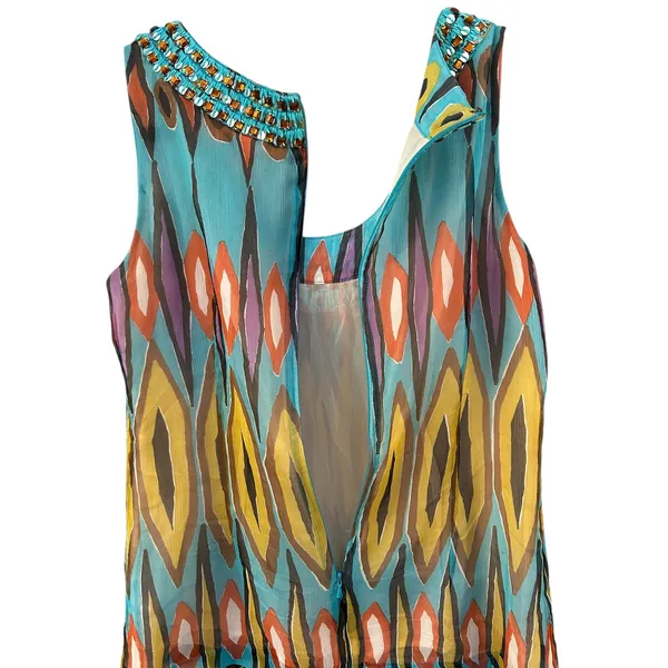 Tory Burch Embellished‎ Beaded Silk Tribal Print Sleeveless Top Blouse Size 6 - Image 4