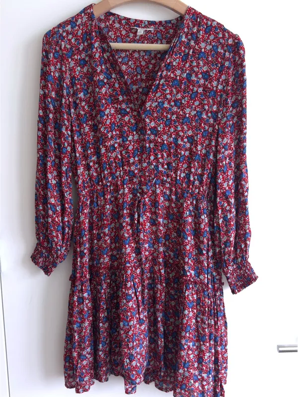Lucky Brand Floral Mini Dress Burgundy Blue Boho Long Sleeve Size M - Image 2