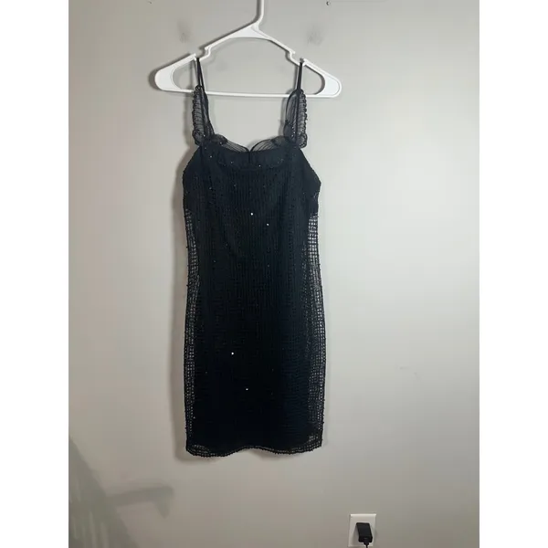 Vintage Joseph Ribkoff Black Sequin Mesh Lace Trim‎ Sheath Dress 40362 Womens 6 - Image 2