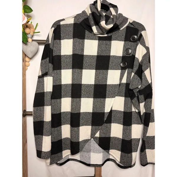 7th Ray Buffalo Plaid Cowl Neck Asymmetrical Button Wrap Sweater Black White L - Image 3