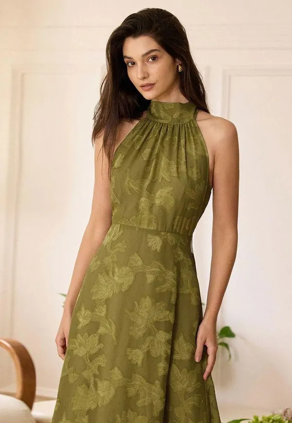 RIHOAS The Green Jacquard Ruched Halter Midi Dress 76 - Image 2