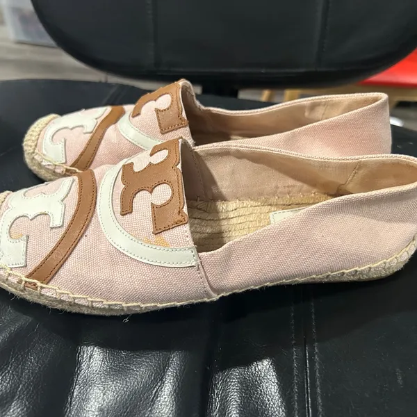 Tory Burch Blush Pink Canvas Espadrilles with Tan & Cream Logo - Image 4