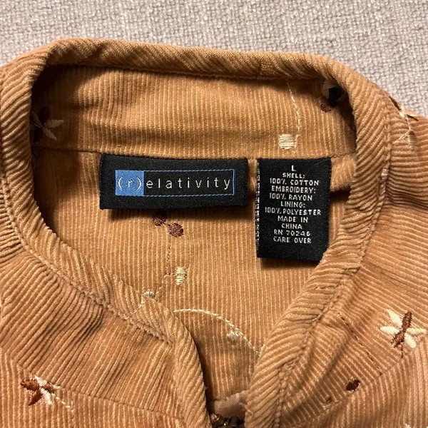 Relativity Womens Corduroy‎ Embroidered Floral Jacket Tan Zip Up Stand Collar - Image 5
