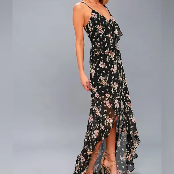Lulus Harmonia Black Floral Print High-Low Maxi Dress - Image 2