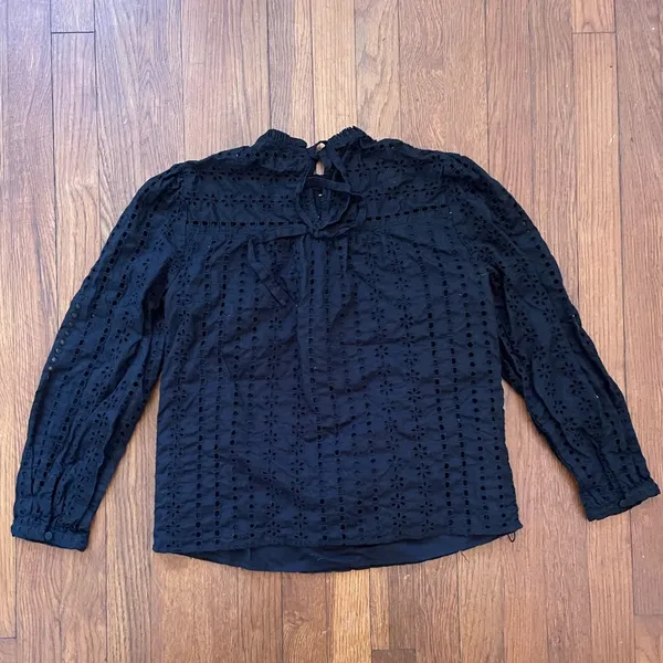 J. Crew Women's Tie Back Top in Black Cotton Ditsy Eyelet Mock Neck - Sz XS - Image 8