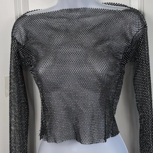 Akira Women's Black Glitter Mesh Metal Rhinestone Long Sleeve S/M Glam Y2K Party - Image 3