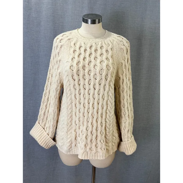 J.Crew Cream Openwork Cable Knit Cotton Sweater Bell Sleeve Large - Image 8