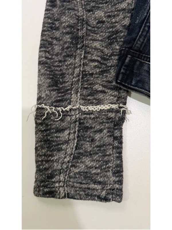 Free People Denim Knit Sleeve Hooded Jacket Distressed Dark Wash h - Image 6