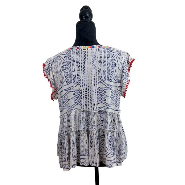 THML Woman S Blue Cream Geometric Print Tiered Babydoll Gauzy Rainbow Embroidery - Image 3