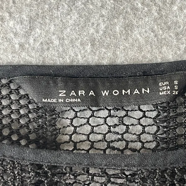 Zara Woman Black Mesh Panel Cropped Boxy Top Short‎ Sleeve Boat Neck Small - Image 3