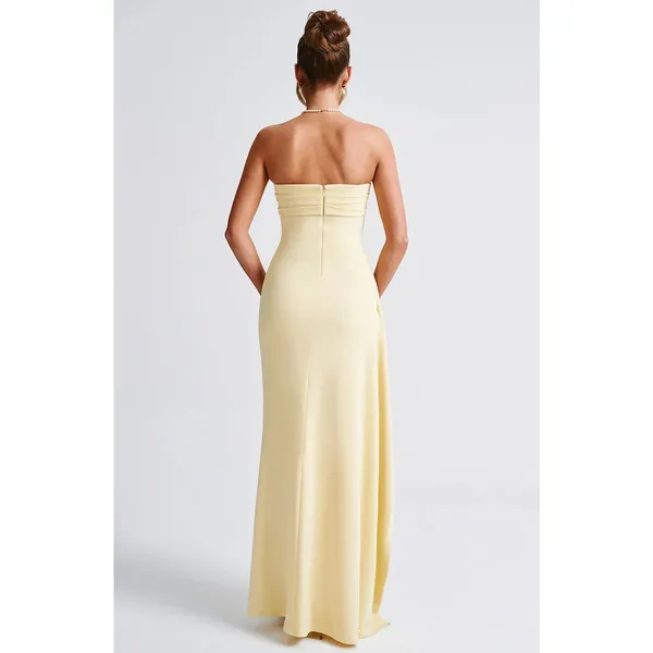NWT Babyboo Zafira Lemon Yellow Ruched High Slit Draped Maxi Dress Womens Size L - Image 3