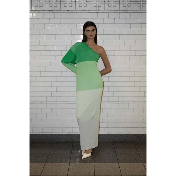 Baobab Leaves Knit One Shoulder Maxi Dress Pistachio Cream Womens Size XS - Image 2