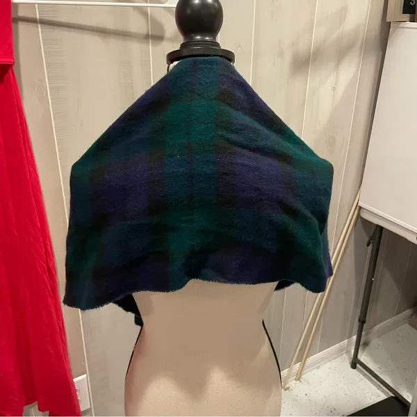 Cute soft fuzzy made in Italy American Eagle plaid scarf fringe navy hunter - Image 5