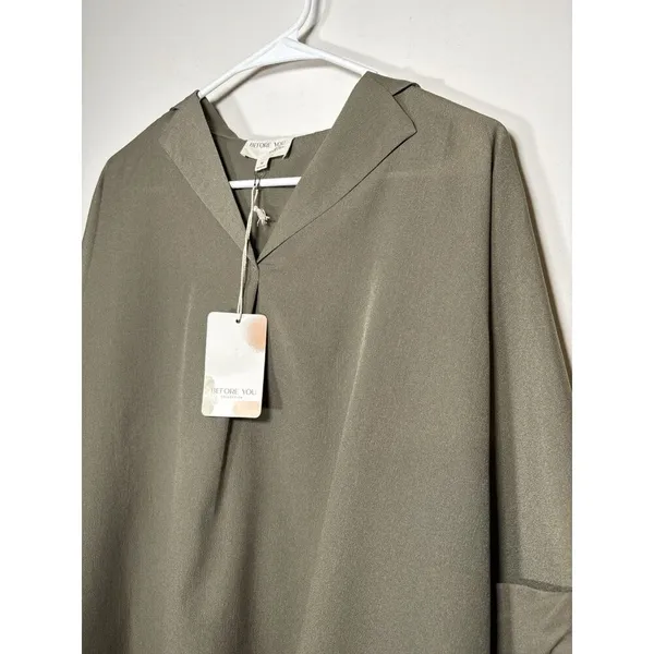 BEFORE YOU Short Sleeve V-Neck Collared Blouse‎ Olive Green NWT Lagenlook Medium - Image 2