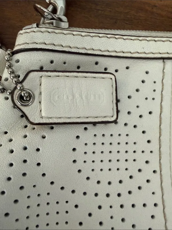 Coach White Perforated Cs Leather Wristlet Silver Hardware - Image 3