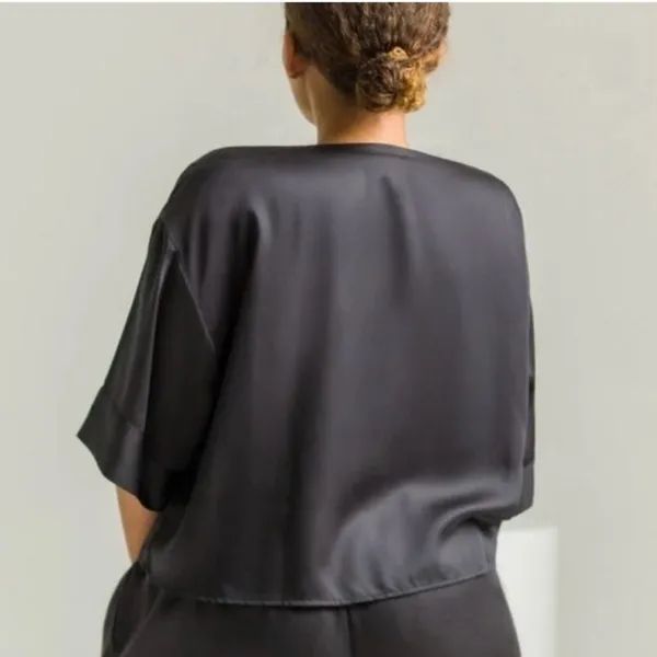 Ettitude Sateen Short Sleeve Shirt Boxy Onyx Button Up Organic Bamboo L XL‎ NEW - Image 2