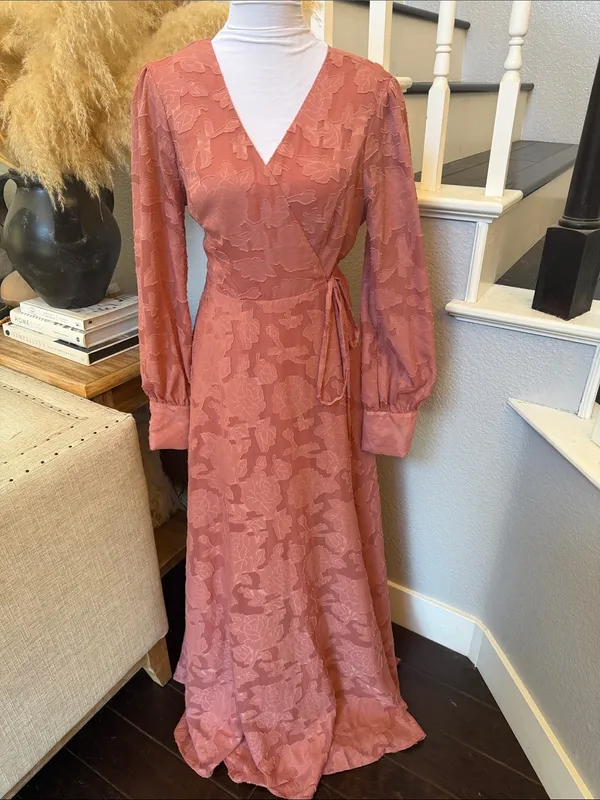 Lulus Kept Your Love Rose Pink Floral Jacquard Long Sleeve Maxi Dress Size XL - Image 5