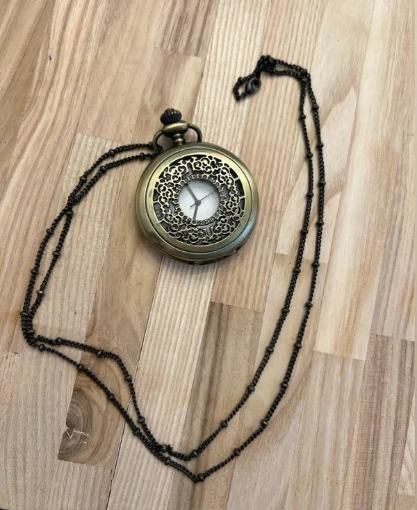 Brass Steampunk Filigree Pocket Watch and Link Chain Vintage Beautiful - Image 2