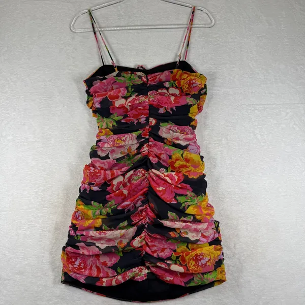 Runaway the Label Floral Ruched Cut Out Mini Dress Black Pink US 4 S - Image 12