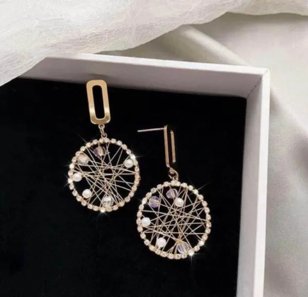 Women's Crystal Pearl Gold Wheel Dangle Drop Earrings - Image 3