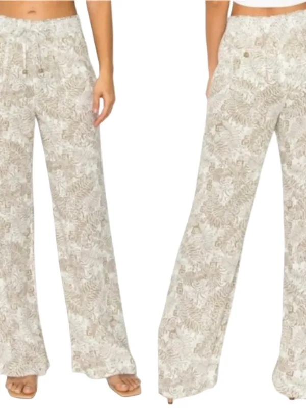 Cali1850 Los Angeles Women’s Size S Tan Beige White Tropical Printed Wide Pants - Image 2