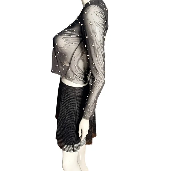 Thirty/Thirty LA Womens Black Sheer Mesh Pearl Embellished Crop Top Large - Image 2