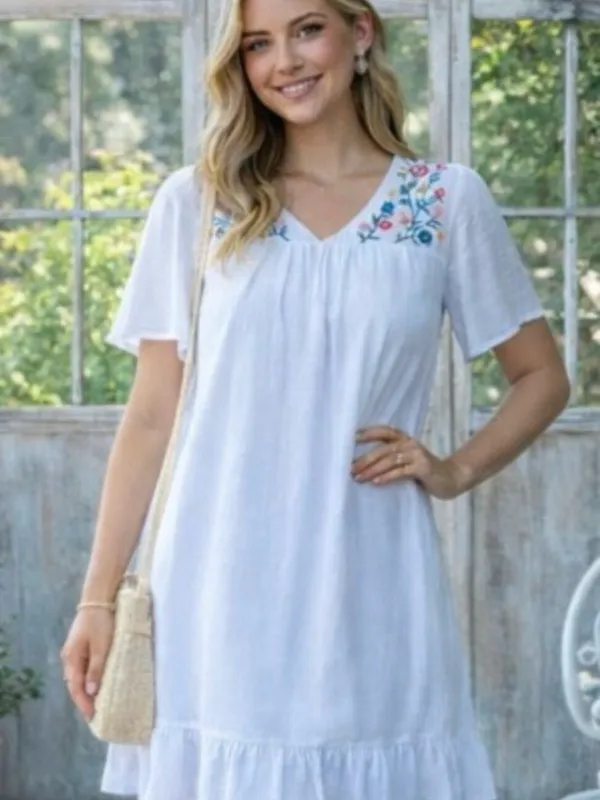 New!Cotton Lined White Gauze V-Neck Embroidered Floral Babydoll Dress Size 2X - Image 4