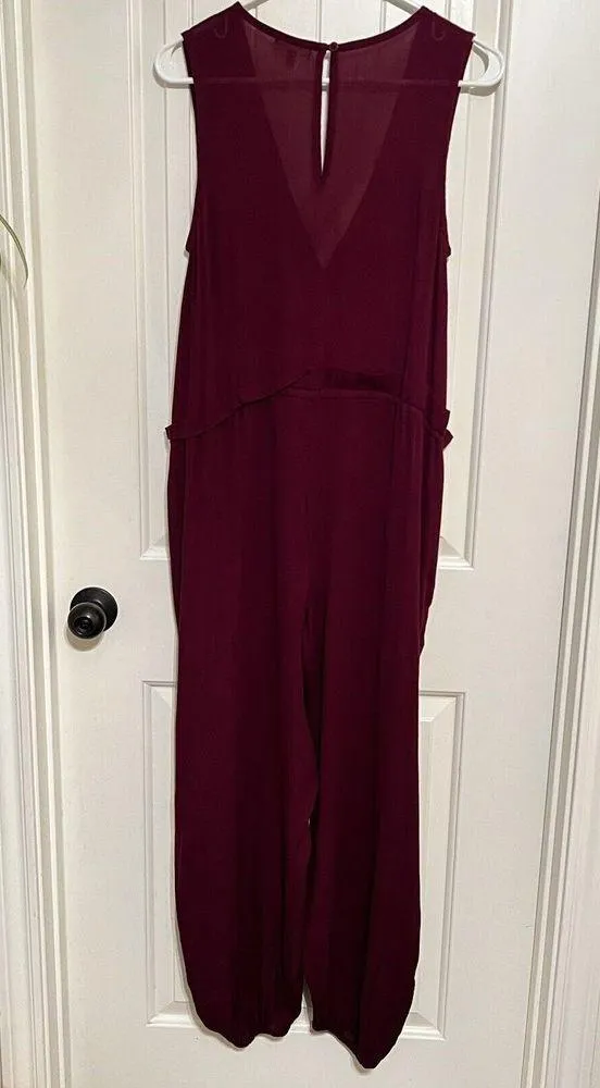 Earthbound Jumpsuit Small Burgundy Red jogger Leg Faux Wrap Sleeveless Gauze - Image 2